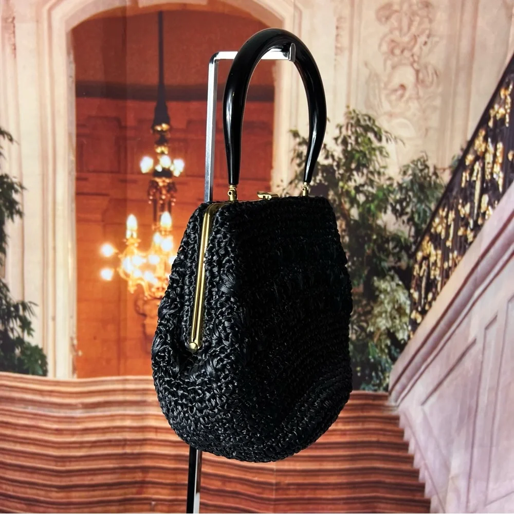 Vintage 1960s Morris Moskowitz Black Raffia Woven Handbag with Lucite Handles